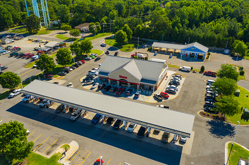 Chester, VA, USA - June 21, 2019: Aerial photo Wawa Gas Station chester VA USA
