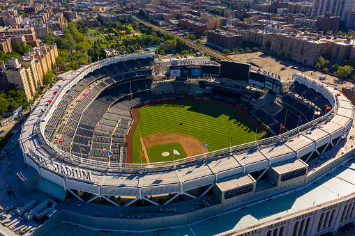 The Bronx, NY, USA - June 22, 2019: Aerial shot of Yankee Stadium NY