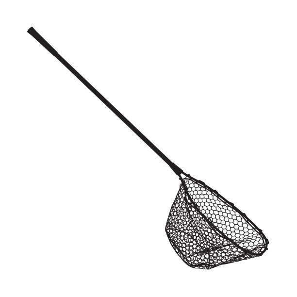 fishing landing net czarny prosty wektor ikony - trout fishing stock illustrations