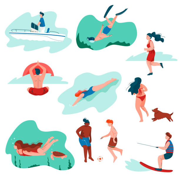 ilustrações, clipart, desenhos animados e ícones de povos que relaxam no jogo das férias de verão, homem novo e mulher que surfam, natação, mergulho, jogando o futebol, fazendo esportes, verão atividades ao ar livre ilustração do vetor - tourist running travel people traveling