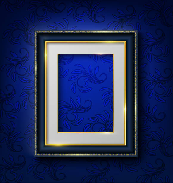 blue vintage frame on blue wall blue vintage frame on blue vintage wall black border stock illustrations