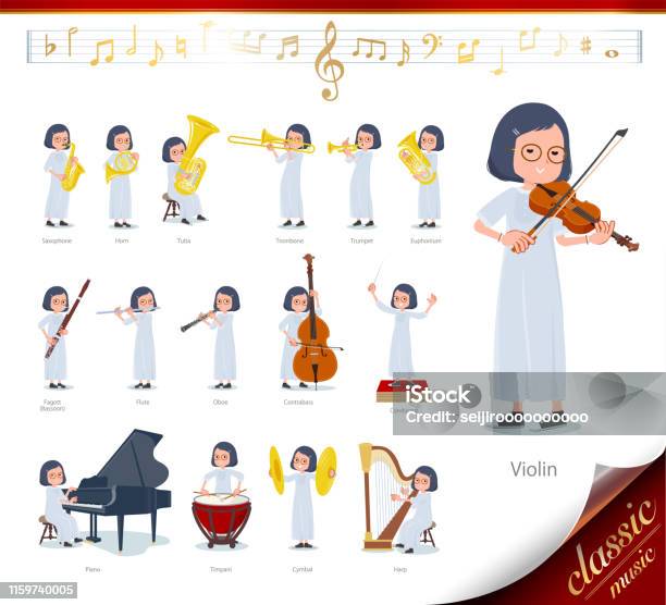 Flache Art Weißkleid Frauenklassische Musik Stock Vektor Art und mehr Bilder von Flöte - Flöte, Musikinstrument, Euphonium