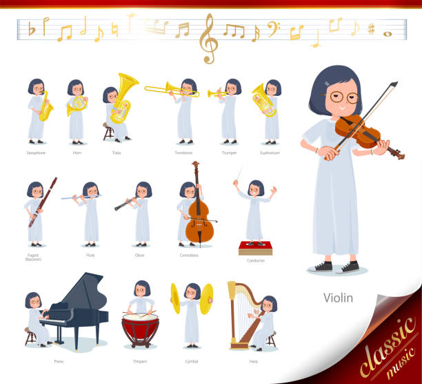 illustrazioni stock, clip art, cartoni animati e icone di tendenza di tipo piatto abito bianco women_classic musica - glass tube