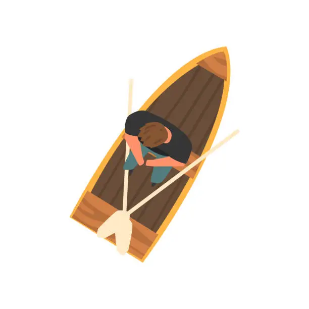 Vector illustration of Man Sitting in Wooden Boat, Top View Vector Illustration