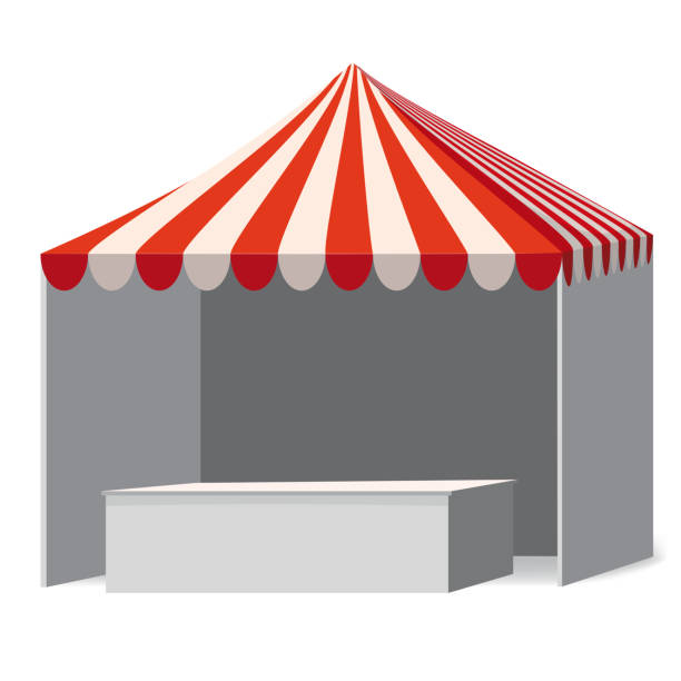 istock Template shopping stand canopy empty market stall with red and white striped awning. Promotional advertising outdoor event trade show pop-up tent mobile advertising marquee mock up. Shelter canopy for commercial pavilion. Vector Illustration Isolated on w 1159741171