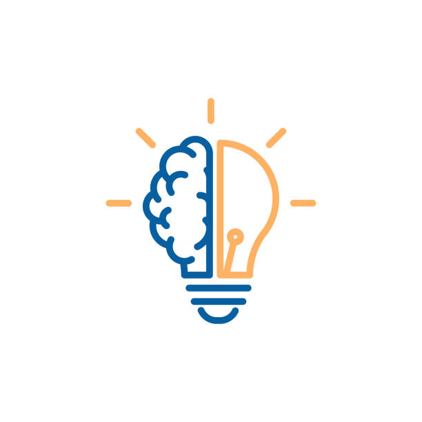 아이디어, 창의력, 지식, 기술 및 인간의 마음을 나타내는 반 뇌 반 전구의 창조적 인 아이콘. 문제 해결 개념 가는 줄 그림 - creativity stock illustrations