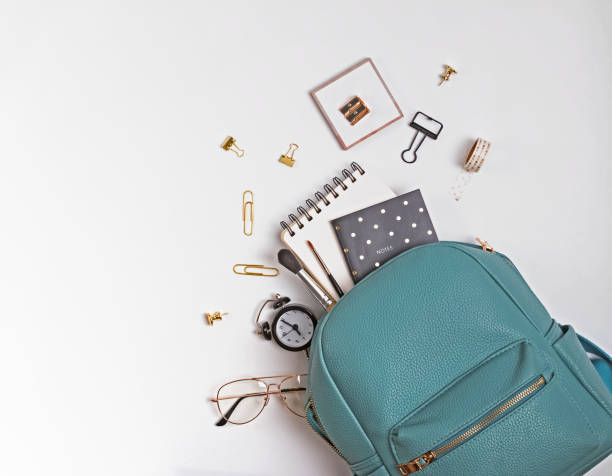 istock Student's backpack with different stationery and study supplies on the white background 1159742311