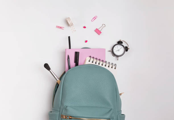 istock Student's backpack with different stationery and study supplies on the white background 1159742315