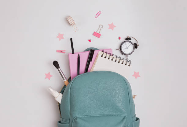 istock Student's backpack with different stationery and study supplies on the white background 1159742316