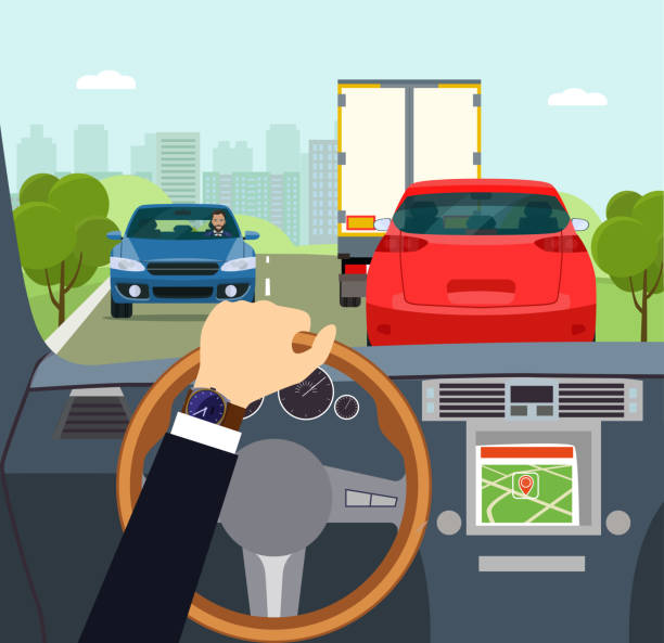 The driver is going to overtake on a suburban highway. View from inside the car cabin. Vector flat style illustration. The driver is going to overtake on a suburban highway. View from inside the car cabin. Vector flat style illustration. driving illustrations stock illustrations