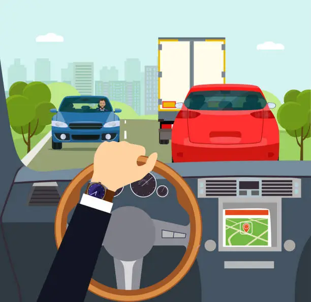 Vector illustration of The driver is going to overtake on a suburban highway. View from inside the car cabin. Vector flat style illustration.