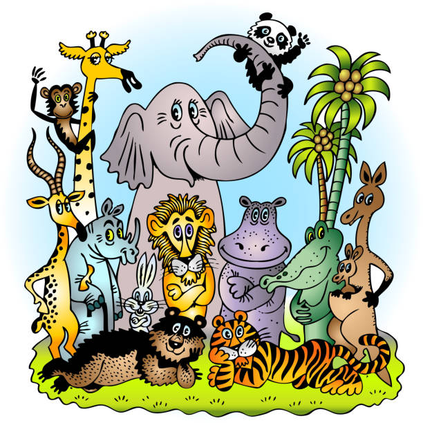 illustrazioni stock, clip art, cartoni animati e icone di tendenza di serie di esotici animali dello zoo - cheesy grin illustrations