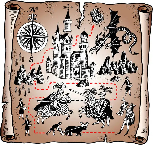 Vector illustration of Detailed map of the Knight kingdom on vector paper scroll