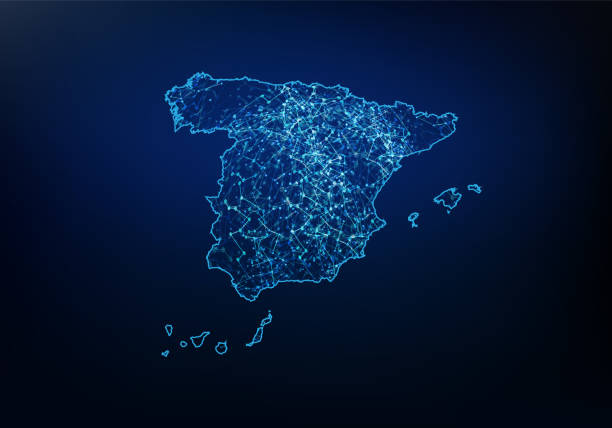 摘要西班牙地圖網路、互聯網與全球連接概念、線框三維網格多邊形網線、設計球體、點和結構。向量插圖 eps 10。 - spain 幅插畫檔、美工圖案、卡通及圖標