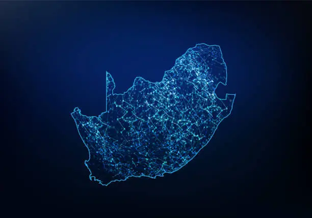 Vector illustration of Abstract of South Africa map network, internet and global connection concept, Wire Frame 3D mesh polygonal network line, design sphere, dot and structure. Vector illustration eps 10.