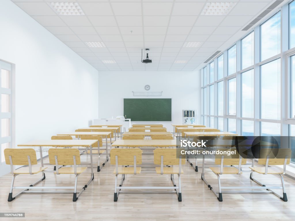 Empty Classroom With Desk And Chairs Stock Photo - Download Image Now -  Classroom, Backgrounds, Empty - iStock