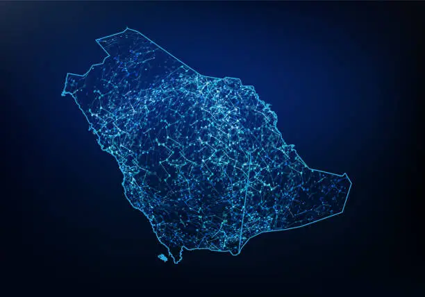 Vector illustration of Abstract of saudi Arabia map network, internet and global connection concept, Wire Frame 3D mesh polygonal network line, design sphere, dot and structure. Vector illustration eps 10.