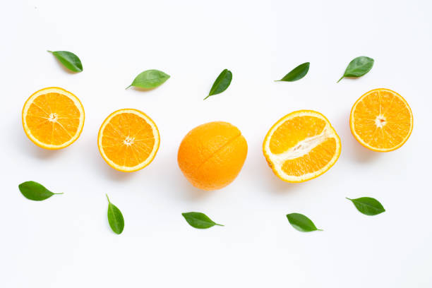 istock High vitamin C. Fresh orange citrus fruit with leaves isolated on white background. 1159745150