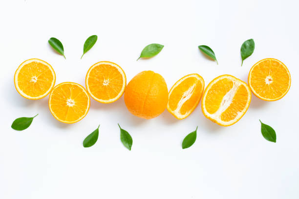 istock High vitamin C. Fresh orange citrus fruit with leaves isolated on white background. 1159745172