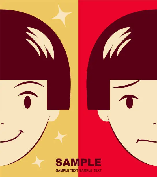Vector illustration of Cute girl facial expression on happy and sad