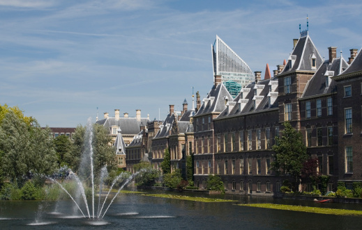 The Hague's parliament buildings with the royal picture gallery Mauritshuis and the office tower of the Dutch prime minister in the background; The Hague, Netherlands