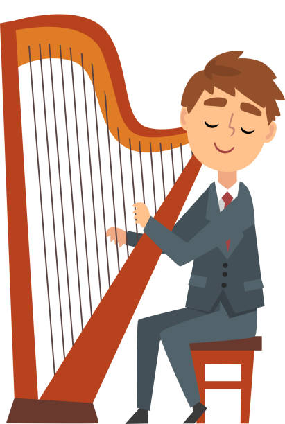 illustrations, cliparts, dessins animés et icônes de boy playing harp, talented young harpist character playing acoustic string musical instrument, concert of classical music vector illustration - musical instrument string illustrations