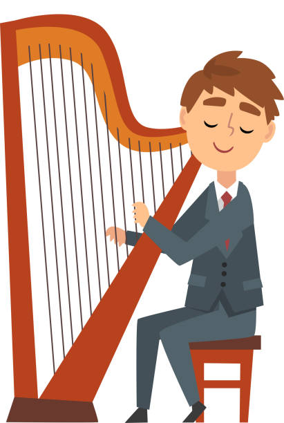 ilustrações, clipart, desenhos animados e ícones de menino que joga a harpa, caráter harpist novo talented que joga o instrumento musical da corda acústica, concerto da ilustração clássica do vetor da música - musical instrument string illustrations