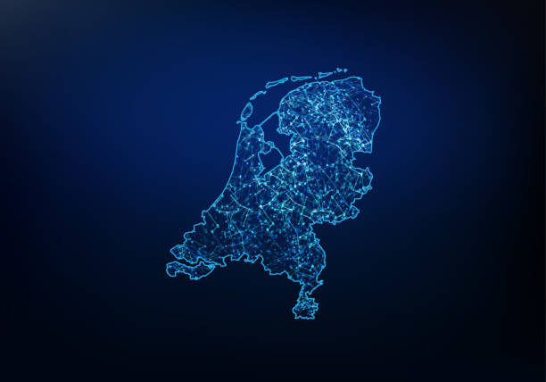 streszczenie holenderskiej sieci map, koncepcji połączenia internetowego i globalnego, wielokątnej linii sieciowej wire frame 3d mesh, sfera projektowa, kropka i struktura. ilustracja wektorowa eps 10. - netherlands stock illustrations