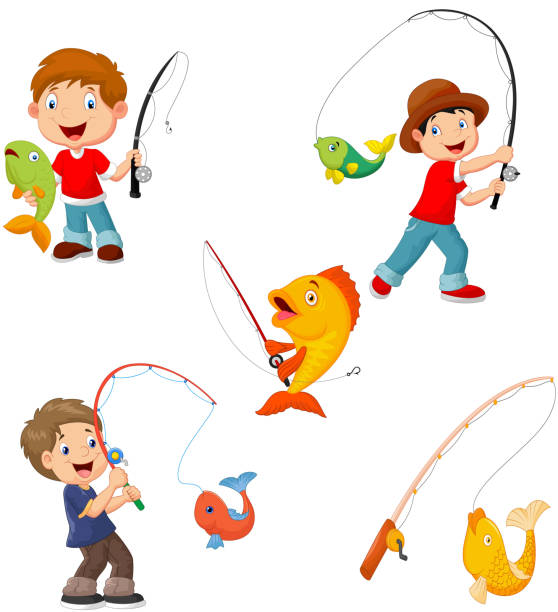 set von kleinen jungen angeln - fischen stock-grafiken, -clipart, -cartoons und -symbole