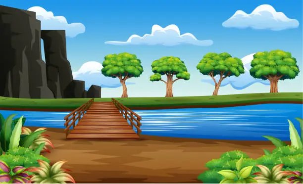 Vector illustration of River and wooden bridge in a beautiful nature
