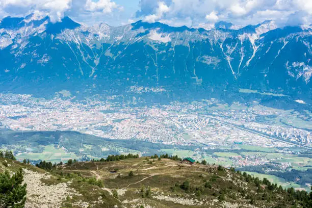 Inn river valley as seen from mountain and ski area of Patscherkofel in Tyrol region, south of Innsbruck in western Austria.