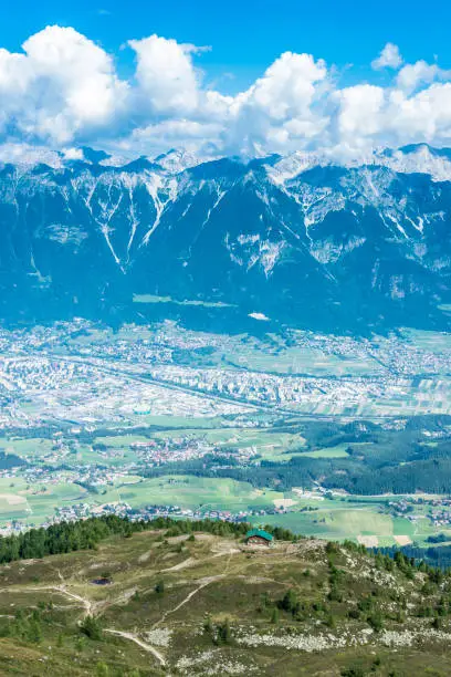 Inn river valley as seen from mountain and ski area of Patscherkofel in Tyrol region, south of Innsbruck in western Austria.