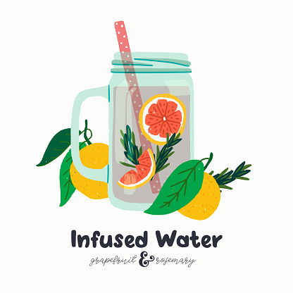 Glass mason jar filled with lemonade and caption lettering text Infused Water Grapefruit and Rosemary. Flat style illustration of cooling drink and ingredients. Refreshing beverage with citrus and herb