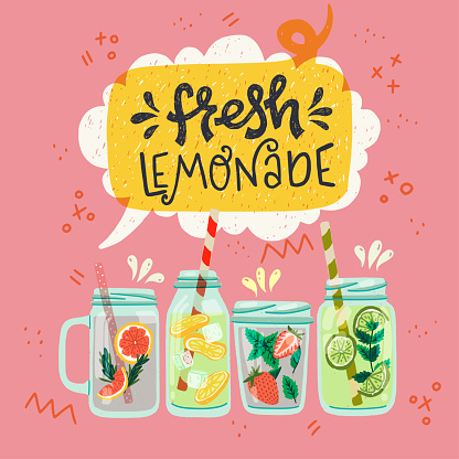 Set of flat style mason jars with cooling drinks and hand drawn lettering inscription Lemonade in speech bubble. Refreshing beverages with strawberry, lemon, lime, mint, ice cubes and water. Vector