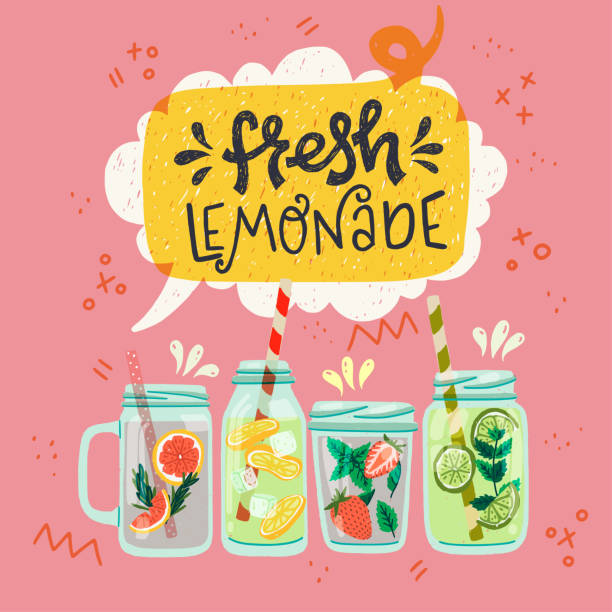 Set of lemonades in jars Set of flat style mason jars with cooling drinks and hand drawn lettering inscription Lemonade in speech bubble. Refreshing beverages with strawberry, lemon, lime, mint, ice cubes and water. Vector lemonade stock illustrations