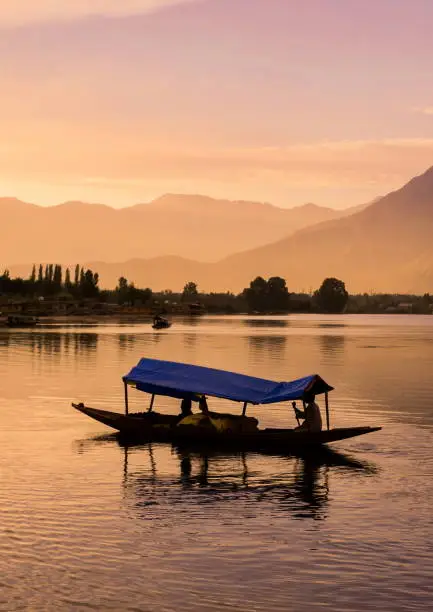 Photo of Shikara boats on Dal Lake with Sunset Dal Lake in Srinagar Jammu and Kashmir state India