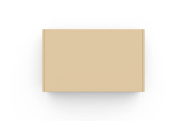 Craft cardboard box container with clear white label, mock up template on isolated white background, 3d illustration