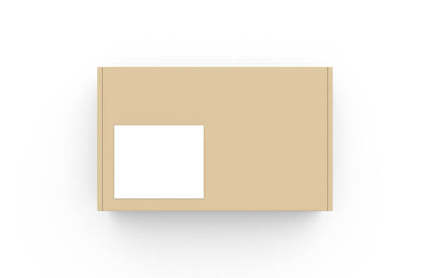 istock Craft cardboard box container with clear white label, mock up template on isolated white background, 3d illustration 1159752512