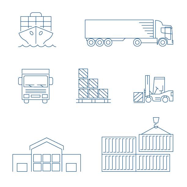 International Shipping & Tracking Line Icon Set Distribution Warehouse, Freight Transportation, Infographic, Shipping, icon cargo container stock illustrations