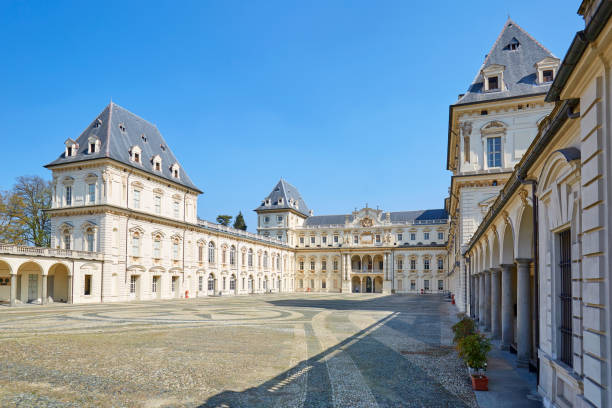 valentino castle and empty court in a sunny day in piedmont, turin, italy - urban scene real estate nobody white imagens e fotografias de stock