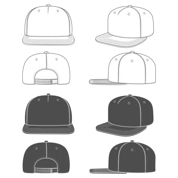 Vector illustration of Set of black and white illustration of a snapback, rapper cap with a flat visor. Isolated objects.