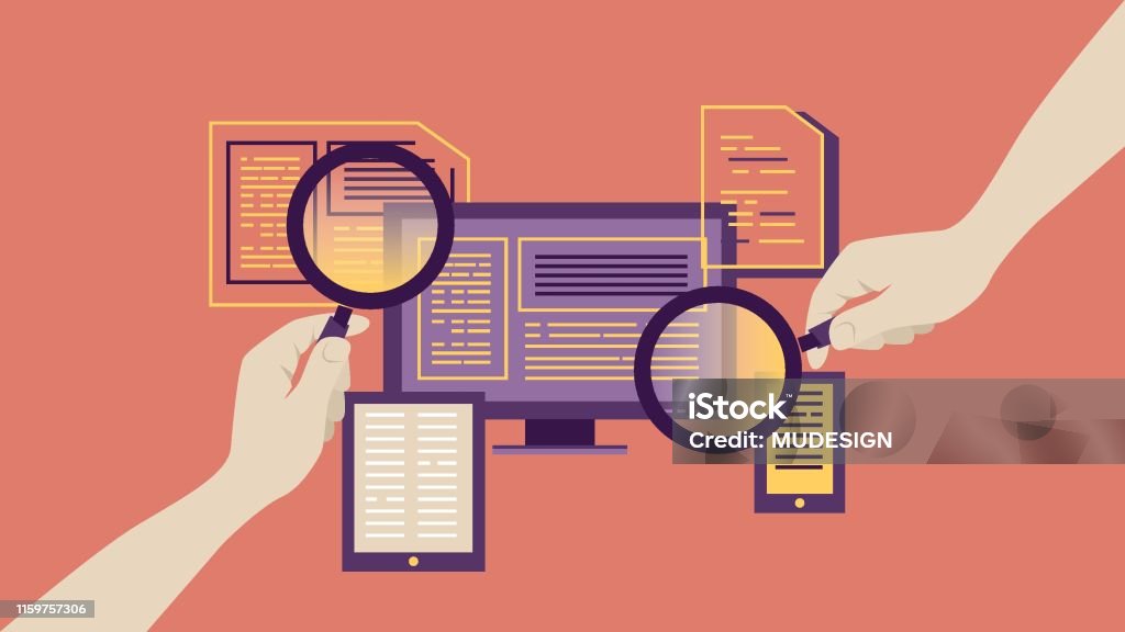 Magnifying glass for searching report Human Hand, Analyzing, Business, Chart, reporting Market Research stock vector