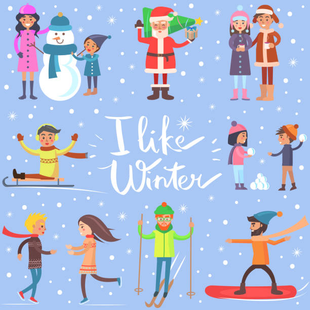 ilustrações de stock, clip art, desenhos animados e ícones de i like winter poster with sportive happy people - snowbord