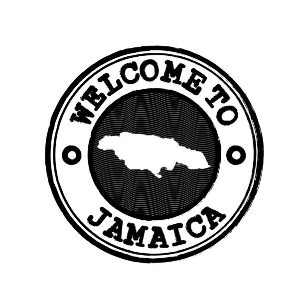 bildbanksillustrationer, clip art samt tecknat material och ikoner med vector stämpel välkommen till jamaica med nation karta kontur i centrum. - welcome to jamaica