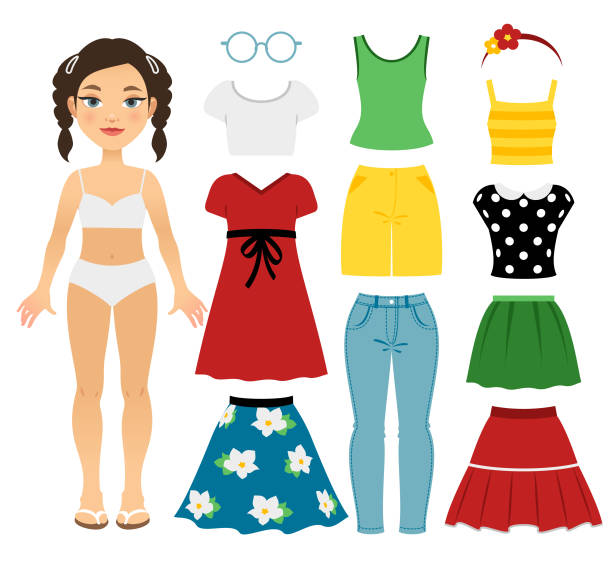 ilustrações de stock, clip art, desenhos animados e ícones de teenage girl's summer clothing - isolated on white white background six objects group of objects