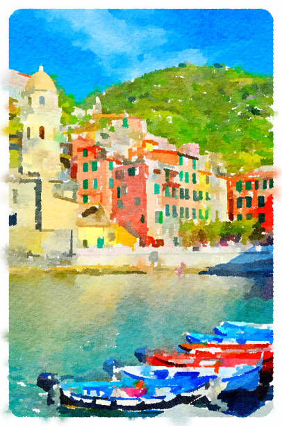 Watercolor of Sunny day in Vernazza, Cinque terre (Italy) Watercolor of Sunny day in Vernazza, Cinque terre (Italy) spezia stock illustrations