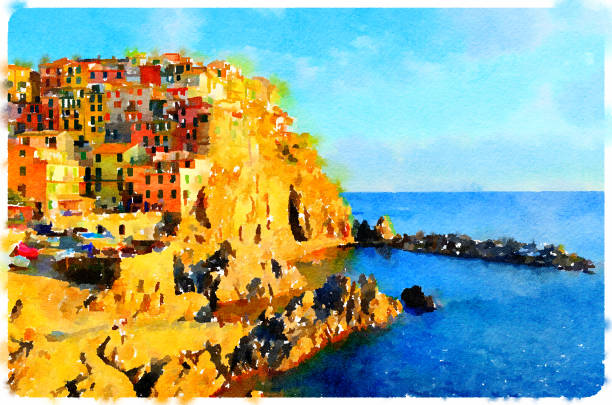 Watercolor Painting of Sunset in Manarola, Cinque terre (Italy) Watercolor Painting of Sunset in Manarola, Cinque terre (Italy) spezia stock illustrations
