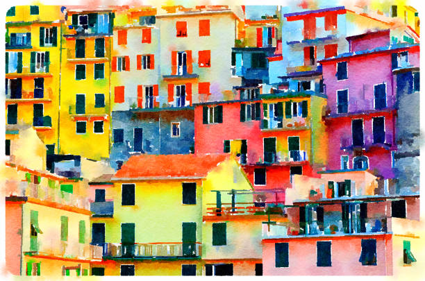 ilustrações, clipart, desenhos animados e ícones de pintura da aguarela das casas em manarola, cinque terre (italy) - cinqueterre