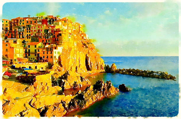 Watercolor Painting of Sunset in Manarola, Cinque terre (Italy) Watercolor Painting of Sunset in Manarola, Cinque terre (Italy) spezia stock illustrations