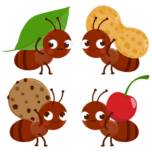 食べ物を運ぶかわいいアリの漫画。ベクトルイラスト - アリ点のイラスト素材／クリップアート素材／マンガ素材／アイコン素材